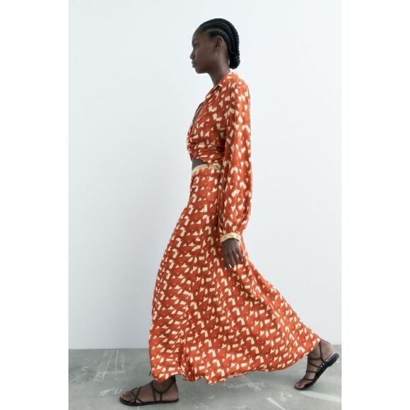 NWT Zara Printed Linen Blend Beaded Waistband High Waisted Maxi Skirt, Size XS - Picture 5 of 15